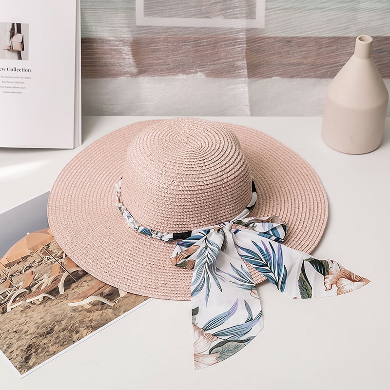 Bow Ribbon Straw Hat with Silk Scarf for Sun Protection