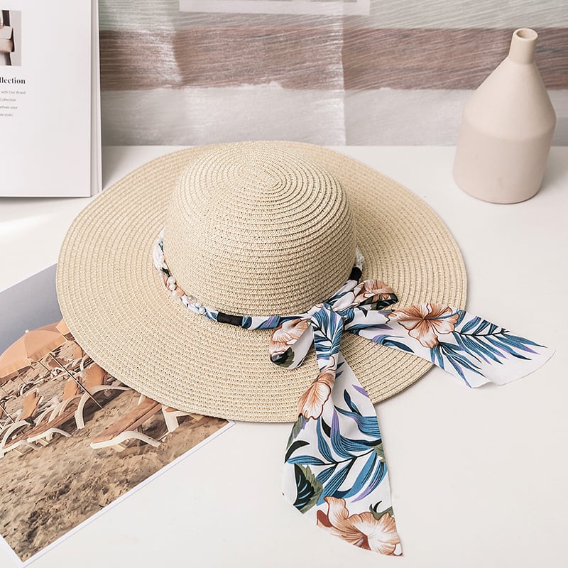 Bow Ribbon Straw Hat with Silk Scarf for Sun Protection