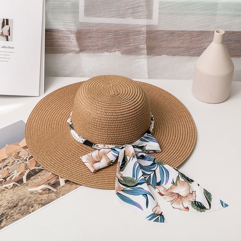 Bow Ribbon Straw Hat with Silk Scarf for Sun Protection