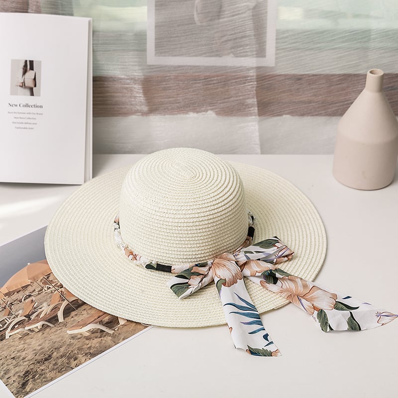Bow Ribbon Straw Hat with Silk Scarf for Sun Protection
