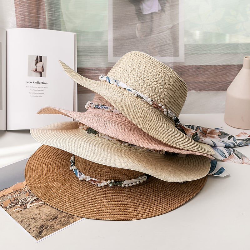 Bow Ribbon Straw Hat with Silk Scarf for Sun Protection