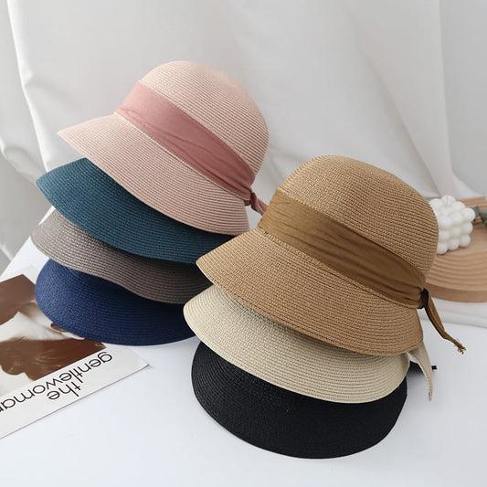 Women's Sun Hat with Simple Ribbon Bow Bucket Design